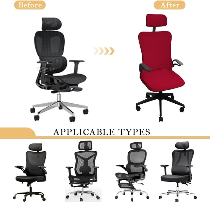 Ergonomic Office Chair Covers Set with Headrest Cover Stretch Desk Computer Chair and Headrest Slipcovers Washable Protector Slipcovers for Swivel Computer Chair 2 Pieces Red
