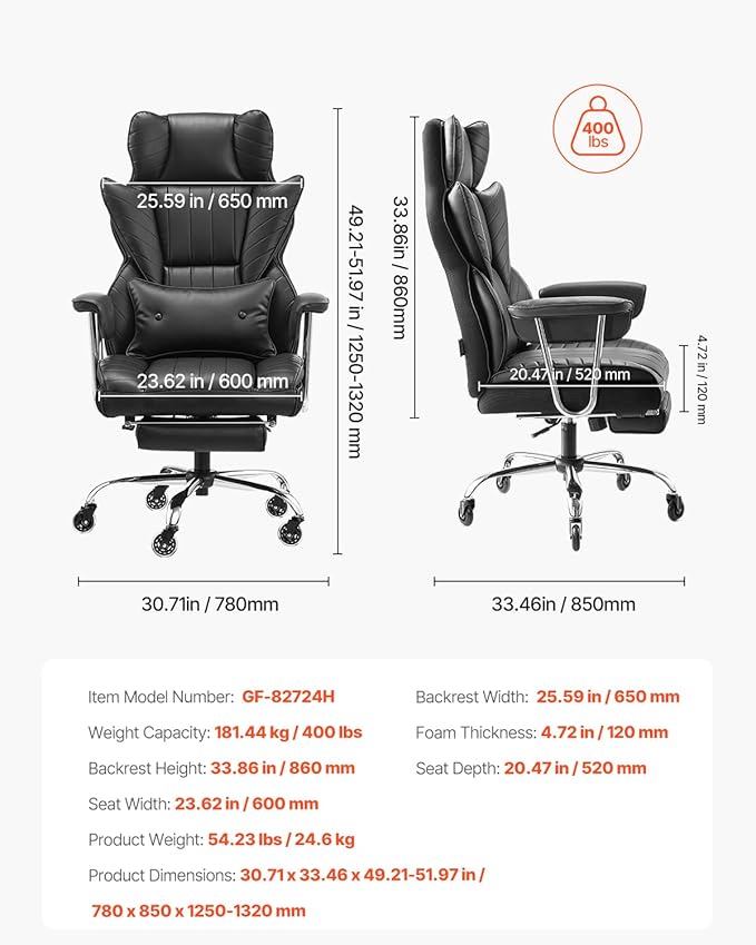 VEVOR Executive Office Chair with Footrest, 400lb Capacity Oversize Office Chair with Lumbar Pillow & Removable Armrests, Heavy Duty Ergonomic Chair, PU Leather Reclining Home Office Desk Chair, Black