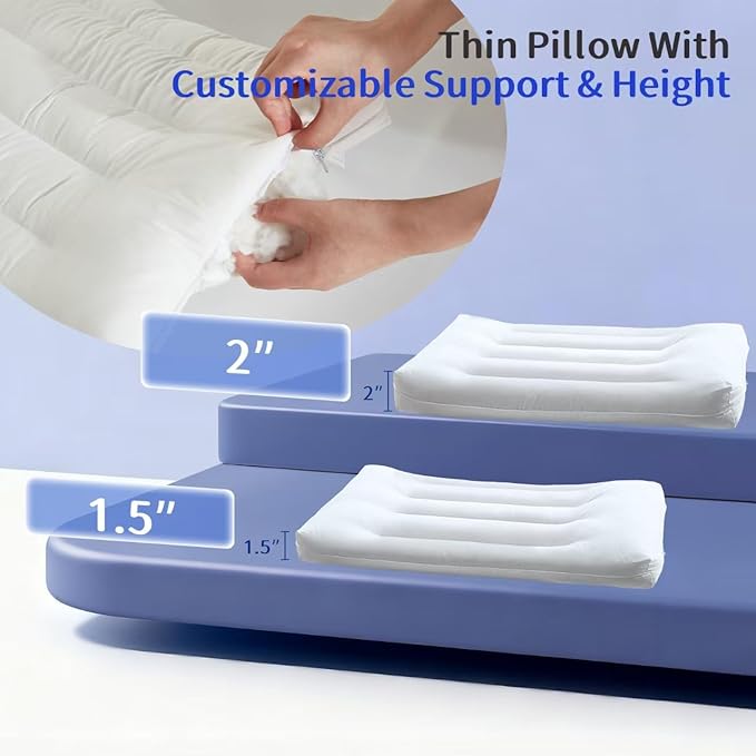 Flat Pillow - Ultra Thin & Adjustable Low Pillow for Side Back Stomach Sleepers, Relief Neck & Shoulder Pain, Customizable Support with Baffle Box Design to Hold Shape, Cotton Cover as Insert