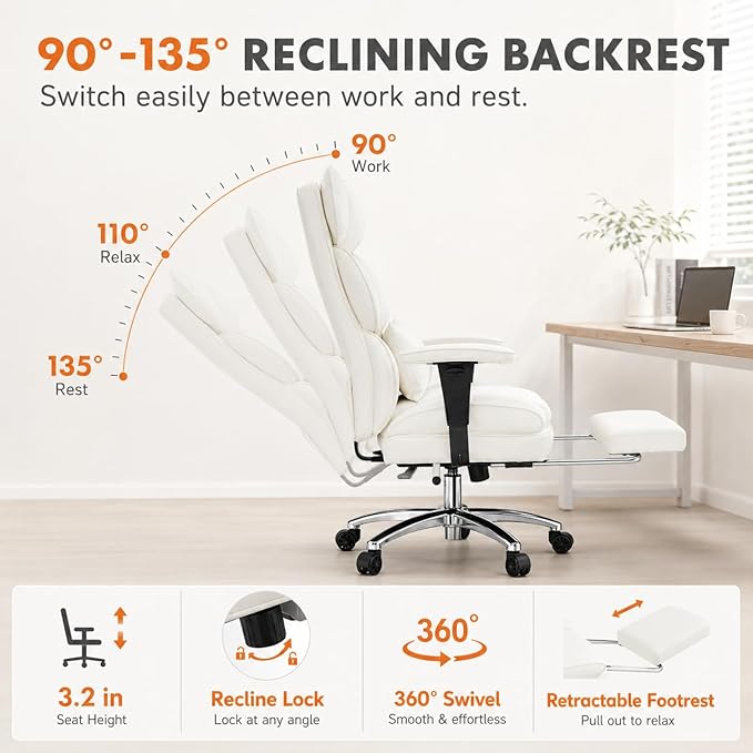 Big and Tall Ergonomic Office Chair with Footrest, Executive High Back PU Leather Desk Chair, Reclining Computer Chair with Adjustable Lumbar Support and Armrests, Swivel Rolling Gaming Chair, Beige