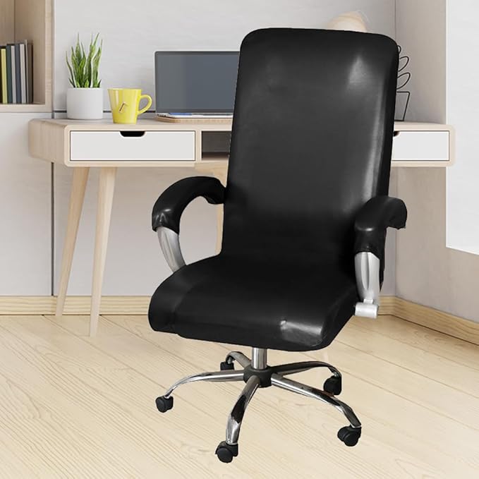 ITFRO Waterproof Office Chair Cover with Armrest Covers Black PU Leather Computer Desk Chair Cover with Zipper Universal Rotating Gaming Chair Slipcover High Back Chair Seat Protector (Black)