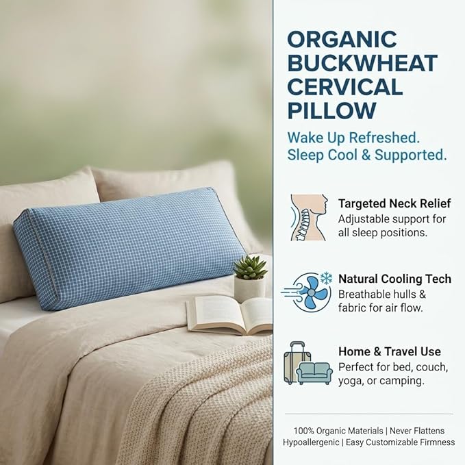 Adjustable Buckwheat Hull Pillow for Neck Pain Relief (21x8x4) Natural Cooling Cervical Support Camping Pillow for Side & Back Sleepers with Night Sweats (xiaoge Blue)