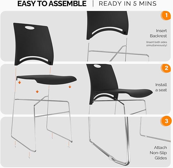VINGLI Stacking Chairs Set of 8 Stackable Office Chairs with Metal Sled Base, Ergonomic Plastic Seat, Stacking Chairs for Waiting Room Break Room Banquet Guest, Black