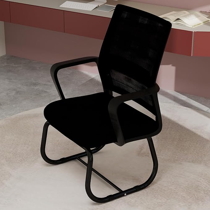 Modern Mesh Office Chair, Ergonomic Desk Chair with Armrests, Breathable Computer Task Seat for Home Work, Sled Base Guest Furniture, Comfortable Lumbar Support, Metal Frame, Black