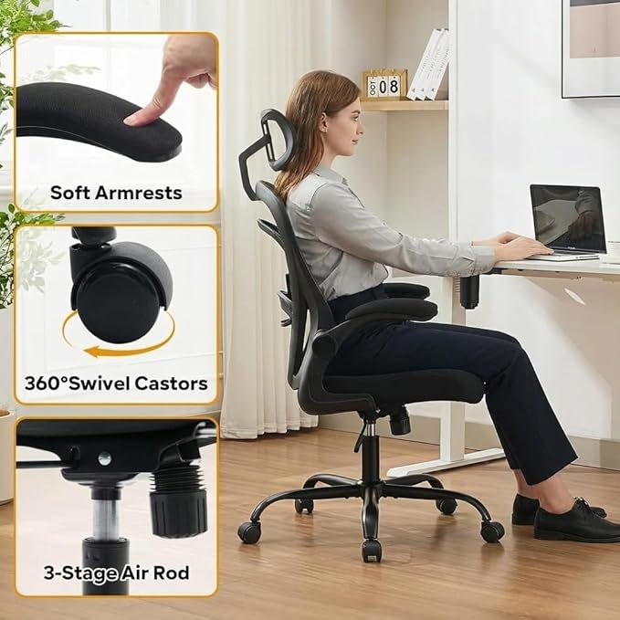 Ergonomic Mesh Office Chair, High Back Desk Chair with Adjustable Lumbar Support & Headrest, Flip-Up Armrests, 300 Lbs Capacity, Swivel Rocking Computer Chair for Home Office Study Bedroom Black