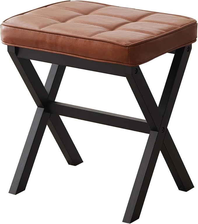 Foot Stool Small Ottoman Foot Rest Padded Foot Stool Desk for Under Office Desk Vanity Stool Bamboo Footstool Sofa Footrest Shoe Stool Small Foot Stools (Black Legs + Reddish Brown)