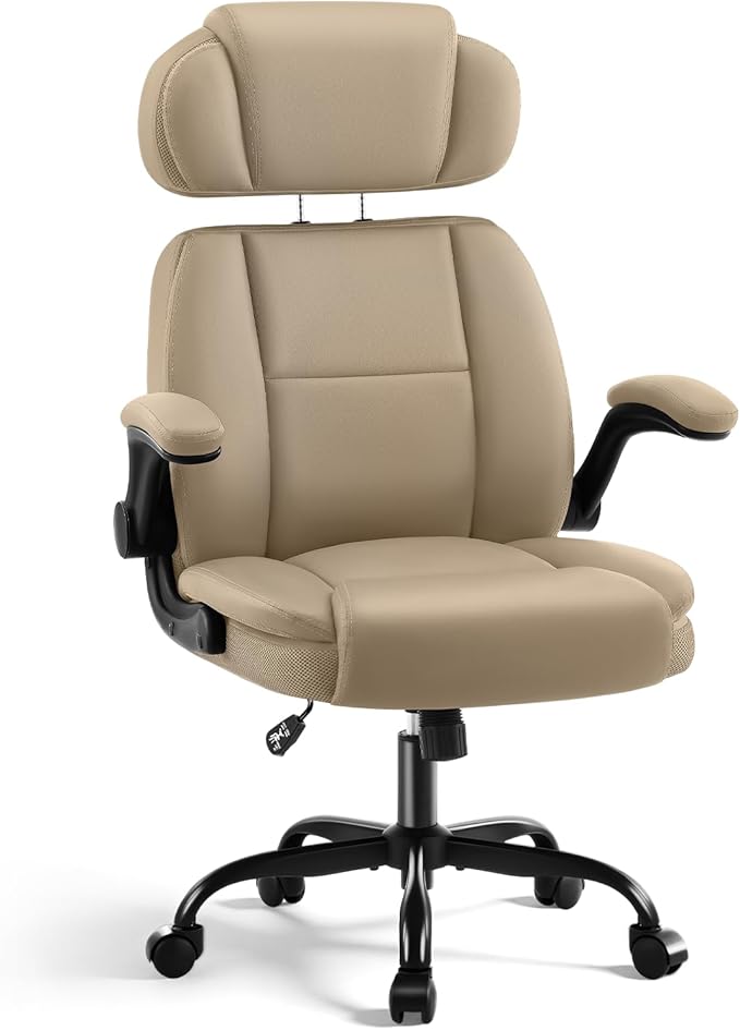 AreShark Ergonomic Office Chair with Lumbar Support, 400lbs Heavy Duty Big and Tall Executive Desk Chair, PU Leather High Back Computer Chair with Flip-Up Arms & Adjustable Headrest, Khaki