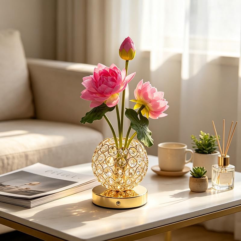 Lily Flower Lamps, Rechargeable Cordless Small Desk Lamp, 3 Colors Dimmable Artificial Flowers Night Light, Fake Bouquet 3 Lilies with Crystal Vase for Home Date Party Decoration (Pink - Lotus)