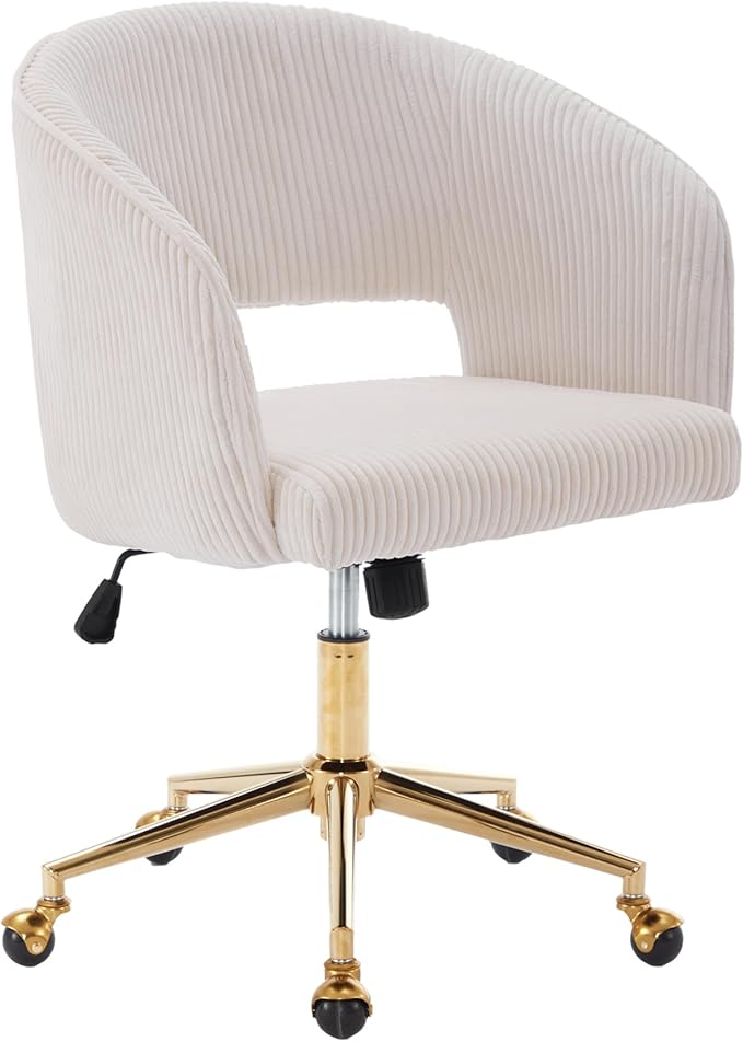 KCC Home Office Chair Swivel Desk Chair Accent Armchair Upholstered Modern Tufted Chairs with Gold Base for Girls Women Ergonomic Study Seat Computer Task Stools, with Wheels, Corduroy,Beige