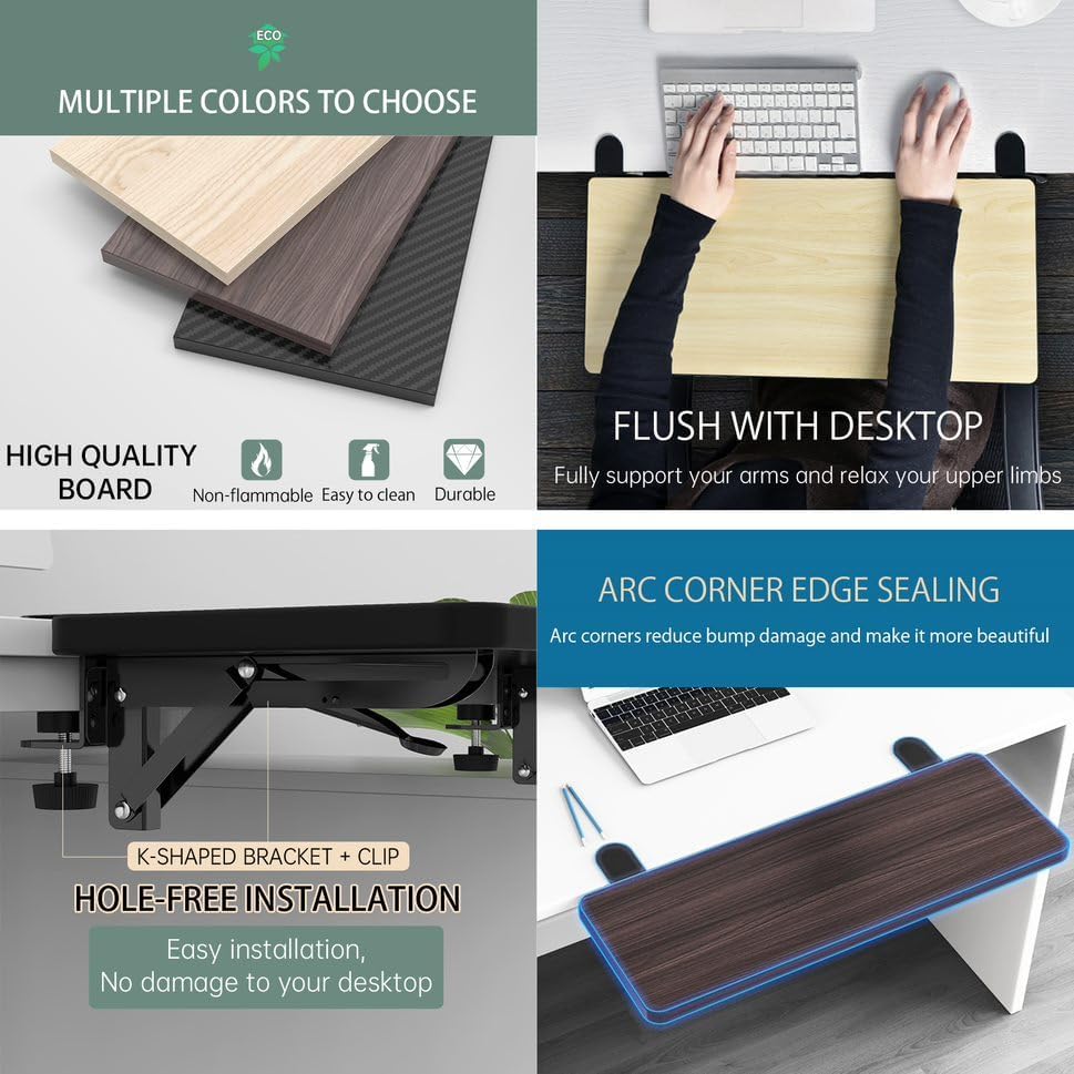 OUGIC Ergonomic Desk Extension Tray, 64x24cm, Clamp Without Punch, Keyboard Drawer Tray, Computer Armrest Table Stand