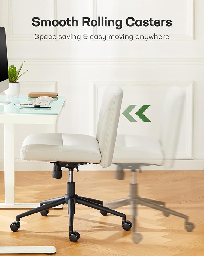Marsail Criss Cross Chair with Wheels, Wide PU Leather Armless Desk Chair, Swivel & Height Adjustable Cross Legged Office Chair for Makeup, Small Spaces, Bedroom, Vanity