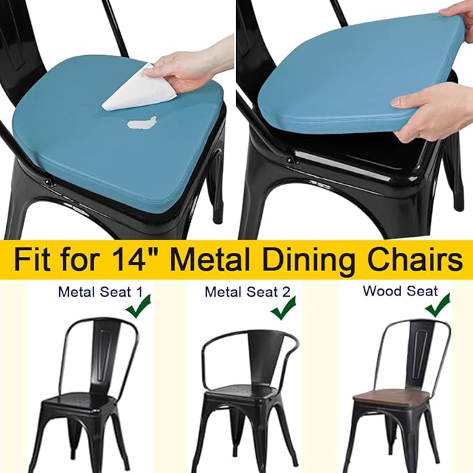 SINOSSO Modern Faux Leather 14" Metal Chair Cushions Set of 4, Leathaire Magnetic Chair Pads for Dining Kitchen Cafe Bistro Stackable Chairs (U-Shape, Blue, 4)