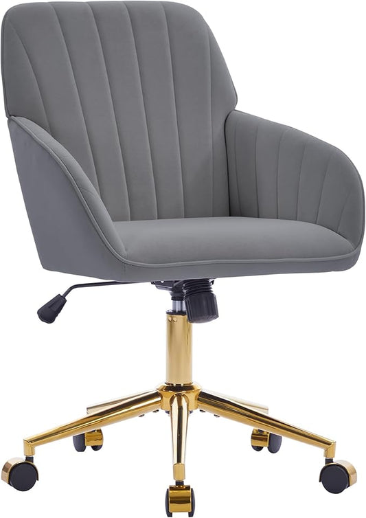 Velvet Home Office Desk Chair, Modern Cute Computer Task Chair with Back, Height Adjustable Upholstered Vanity Chair with Swivel Wheels for Women, Girls (Gold Base, Gray