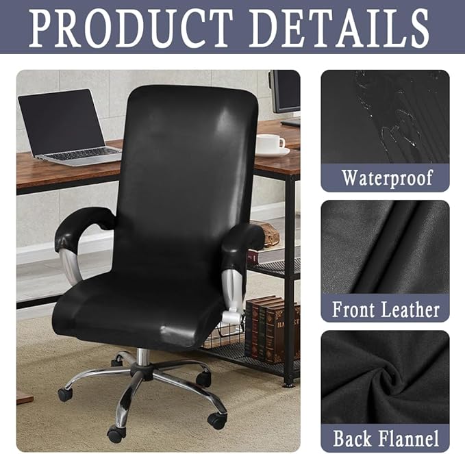 ITFRO Waterproof Office Chair Cover with Armrest Covers Black PU Leather Computer Desk Chair Cover with Zipper Universal Rotating Gaming Chair Slipcover High Back Chair Seat Protector (Black)