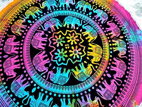 Round Beach Tapestry Turquoise Mandala Throw/Boho Hippie Beach Blanket Roundie/Indian Cotton Bohemian Large Round Table Cloth-Home Decor/Yoga Mat Meditation Picnic Rug (42", Multi Color)