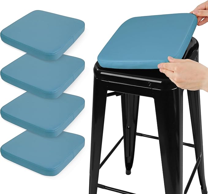 SINOSSO Modern Faux Leather Bar Stool Cushions 4 Pack, Leathaire Magnetic Small Chair Pads for Cafe Bistro Stackable Metal Stools (Square, Blue, 4)