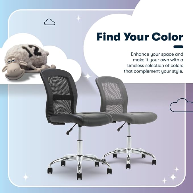 Serta Essential Armless Task Chair, Small Desk Chairs with Wheels, Breathable Mesh Back and Faux Leather, Quality Foam Cushion Seat for Comfort, Minimal Design for Vanity Table, Black