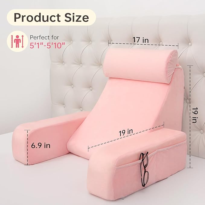 ENITYA 19" Back Support Pillow,Reading Pillow with Built-in Arms & Large Pockets, Removable Washable Cover, Wedge for Sitting,Reclining,Watching TV,Post Surgery in Bed,Couch or Floor,Medium Firm,Pink