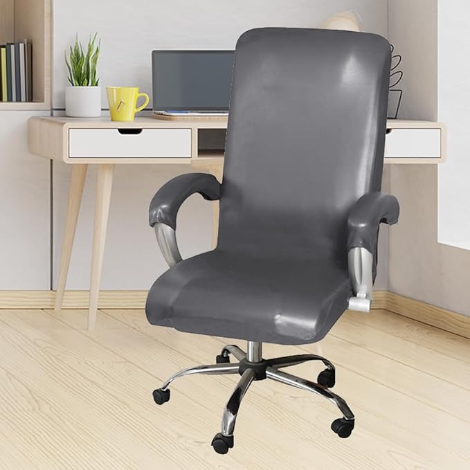 ITFRO Waterproof Office Chair Cover with Armrest Covers Grey PU Leather Computer Desk Chair Cover with Zipper Universal Rotating Gaming Chair Slipcover High Back Chair Seat Protector (Grey)