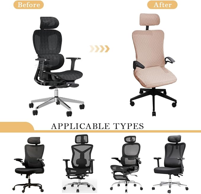 Ergonomic Office Chair Covers Set with Headrest Cover Stretch Desk Computer Chair and Headrest Slipcovers Washable Protector Slipcovers for Swivel Computer Chair 4 Pieces Camel