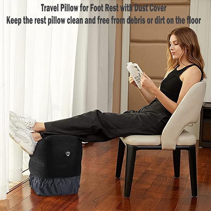 Inflatable Foot Rest Pillow for Travel, Adjustable Height Airplane Foot Cushion for Long Flights, Portable Comfort Footrest for Car, Office and Travel (Gray)
