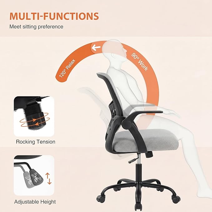 Sweetcrispy Home Office Managerial Executive Chair, Flip Up Armrest Ergonomic Mesh Adjustable Swivel Mid-Back Computer Desk Chair with Comfortable Lumbar Support, Comfy Arms for Bedroom,Study