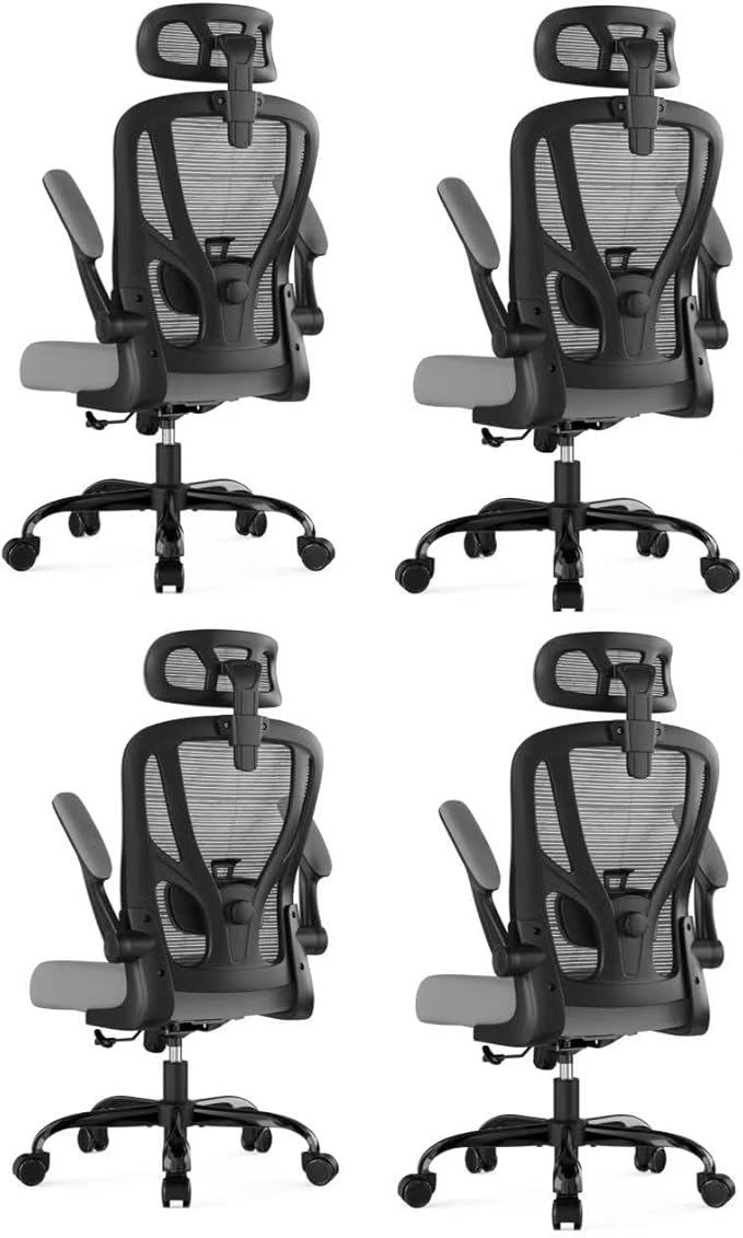 Office Chair Ergonomic Desk Chair - Mesh High Back Office Chair with Headrests Wheels Lumbar Support Home Desk Office Chairs Flip up Armrest Executive Rolling Computer Chair Black Gray 4 Pack