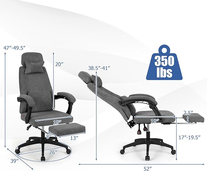 Giantex Reclining Office Chair, Chenille Fabric Desk Chair with Padded Linkage Armrests, Retractable Footrest, Neck & Lumbar Support, High-Back Ergonomic Executive Chair for Home Office, Gray