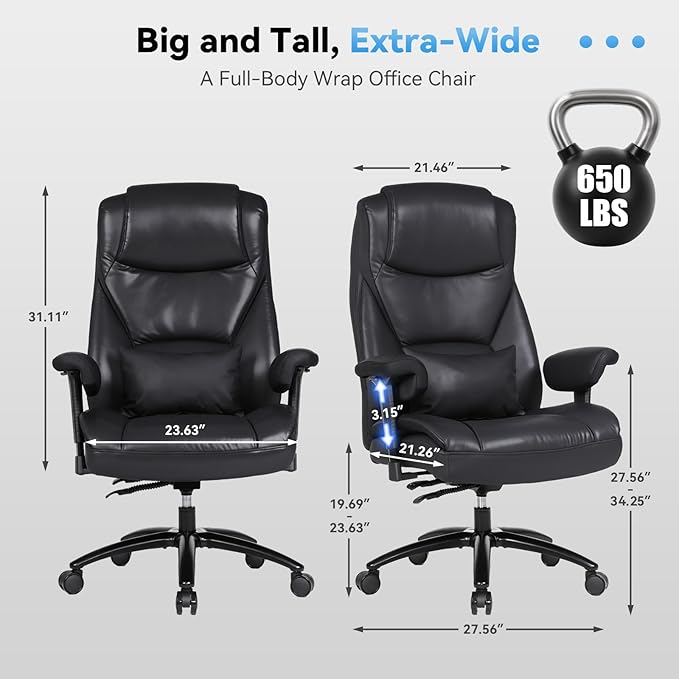 Big and Tall Office Desk Chair with 5-Position Armrests, 650 LBS Heavy Duty Executive Office Chair Comfy, Extra Wide Seat, High Back Computer Chair with Lumbar Support, Reclining Tilt Lock (Black)