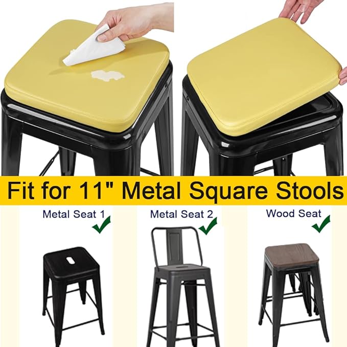 SINOSSO Modern Faux Leather Bar Stool Cushion 1 Piece, Leathaire Magnetic Small Chair Pad for Cafe Bistro Stackable Metal Stool (Square, Yellow, 1)