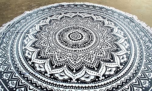 Round Beach Tapestry Turquoise Mandala Throw/Boho Hippie Beach Blanket Roundie/Indian Cotton Bohemian Large Round Table Cloth-Home Decor/Yoga Mat Meditation Picnic Rug (70", Grey)