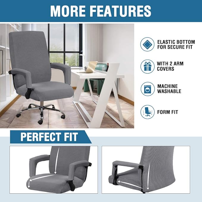 H.VERSAILTEX Stretch Computer Office Chair Cover with Durable Zipper Universal Washable Removable Spandex Rotating Boss Chairs Slipcovers Anti-dust Desk Chair Seat Protector for Dogs Cats Pets,Grey