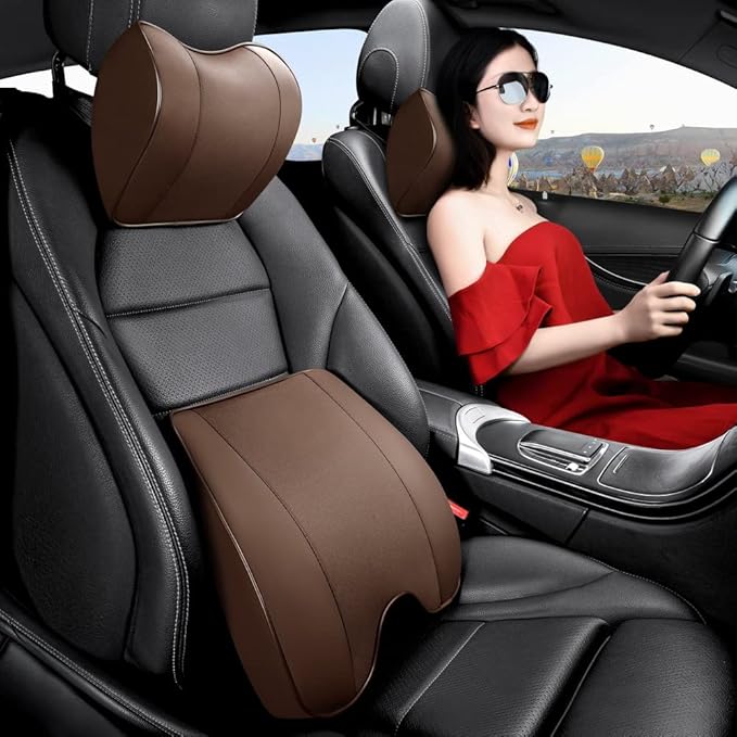 Memory Foam PU Leather Lumbar Pillow - Car Middle/Lower Back Support Pillow - Suitable for Car Seats, Office Chairs, Recliners, etc. (Brown)