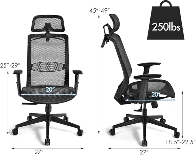 Breathable Mesh Office Chair - High Back Ergonomic Desk Chair with Flip-Up Armrests, Rolling Swivel, Adjustable, Ideal for Hot Weather and Mesh Ventilation