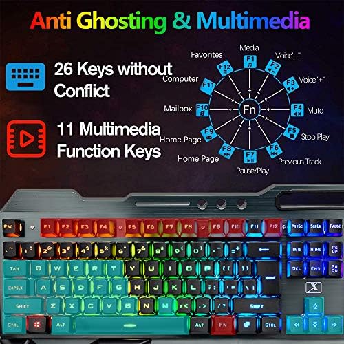 Wireless Gaming Keyboard and Mouse,RGB Backlit Rechargeable Keyboard Mouse with 5000mAh Battery Metal Panel,Removable Hand Rest Mechanical Feel Keyboard and 7 Color Gaming Mute Mouse for PC Gamer