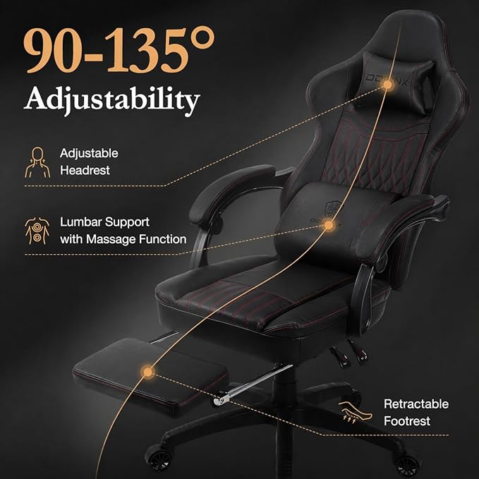 Dowinx Gaming Chair Breathable PU Leather Gamer Chair with Footrest Massage Lumbar Support, Big and Tall Ergonomic Reclining Computer Chair with Pocket Spring Cushion for Adults Teens(Black)