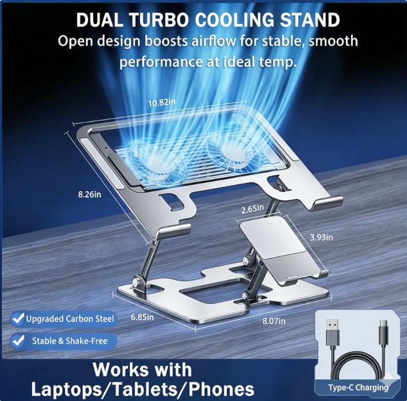 Laptop & Phone 2-in-1 Cooling Stand with Silent Fan, Adjustable Height & Angle, Carbon Steel Foldable Laptop Riser, Gaming Laptop Cooler Pad for Laptops Up to 18 Inch (Silver)