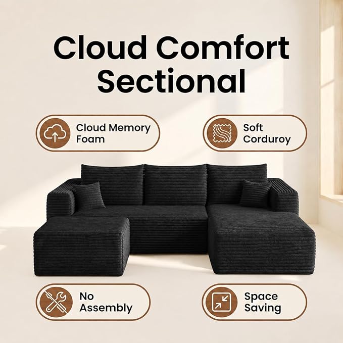 94" Black Fluffy Couch with Ottoman for Living Room, Corduroy No Bones Sectional Couch,Compressed Memory Foam Cloud Sofa,No Assembly Required,Right Facing Chaise,Black