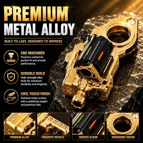 Metal Fidget Toys Gun for Adults: EDC Stress Relief Fidget Spinner Toy, 5 in 1 Mini Cool Fidgets Guns with Slider & Finger Ring for Men (JJ007 - Gold)