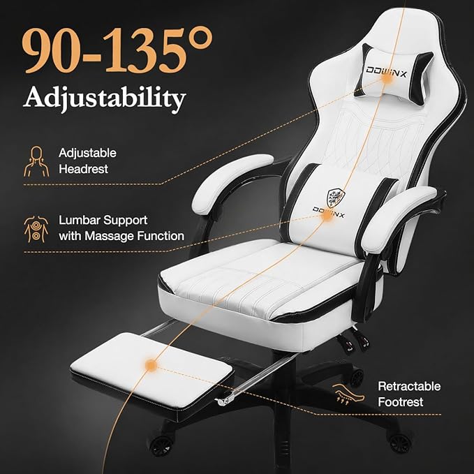 Dowinx Gaming Chair Breathable PU Leather Gamer Chair with Footrest Massage Lumbar Support, Big and Tall Ergonomic Reclining Computer Chair with Pocket Spring Cushion for Adults Teens (Black&White)