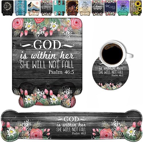Wrist Rest Support Ergonomic Gel Mouse Pad & Memory Foam Keyboard Set, Non-Slip Rubber PU Base for Home Office Working Studying Easy Typing & Pain Relief - Floral Quote Bible Verses Psalm 46:5