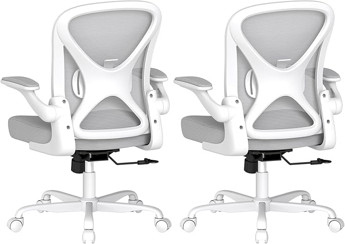 Ergonomic Office Chair Set of 2, Mesh Fabric Home Office Chairs with Adjustable Lumbar Support, Flip-Up Armrests, 90-120° Rocking, Adjustable Height and 360° Swivel, Grey