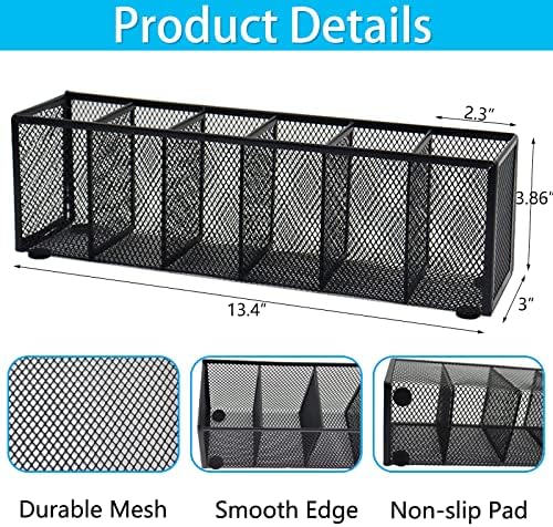Black Mesh Pen Pencil Holder, Small Metal Desk Organizer Desktop Stationery Office Supplies Acessories Storage Stand, 6 Compartments Brushes Holder for Home School Classroom Teachers