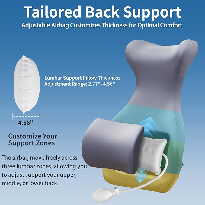 27.7'' Adjustable Inflatable High Lumbar Support Pillow for Office Chair, Full Back Support Pillow for Lower Back Pain Relief, Memory Foam Lumbar Cushion for Gaming Chair, Sofa, Improves Posture