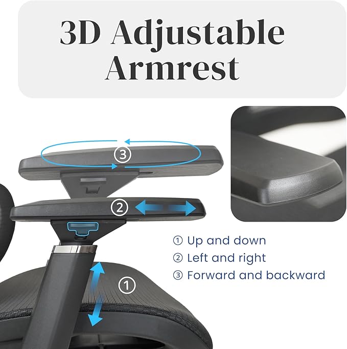 FOH Ergonomic Mesh Office Chair with Breathable Mesh, Computer Desk Chair, Ergonomic Task Chair with Adjustable Backrest Lumbar Support, Armrests and 360°Rotation for Home Office