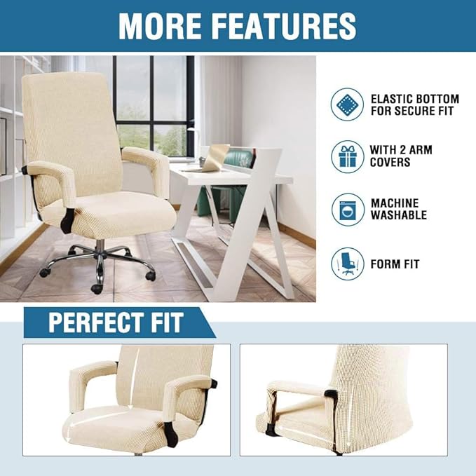 H.VERSAILTEX Office Chair Cover with Armrest Stretchable Computer Desk Chair Cover Thick Checked Jacquard High Back Office Seat Cover for Universal Rotating Chairs (Large Size,Natural)