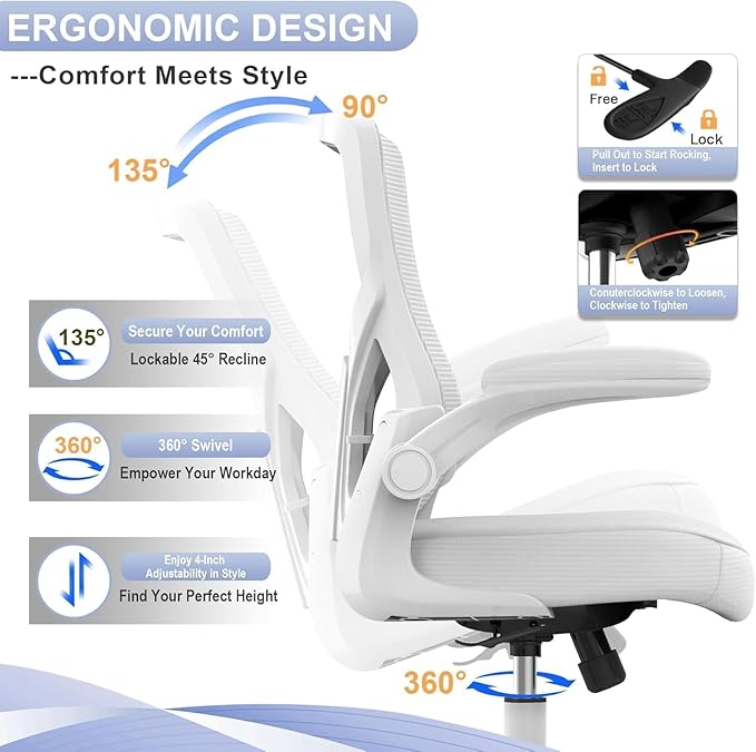 Office Chair for Long Hours & Lower Back Pain Relief – 4" Thick Molded Foam Cushion, Padded Lumbar Support and Flip-up Armrests, Ideal for Office or Study, White