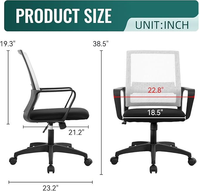 Office Chair Ergonomic Desk Task Chair Mesh Computer Chair Mid-Back Mesh Home Office Swivel Chair Modern Executive Chair with Wheels Armrests Lumbar Support(White)