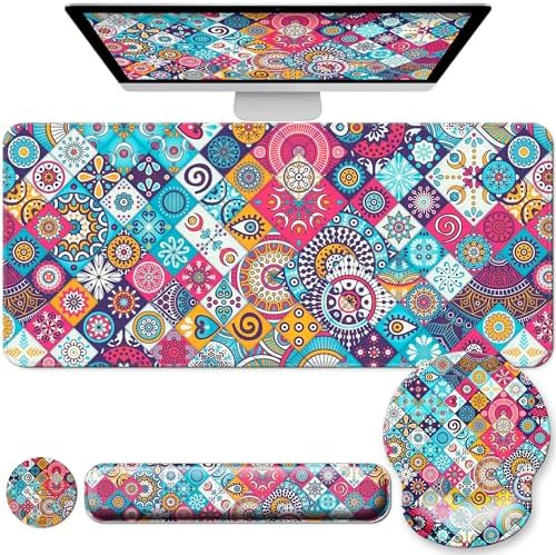 Desk Pad Keyboard Wrist Rest and Mouse Pad Coaster Set,Large XXL Desk Mat Matt Cover Ergonomic Mousepad with Memory Foam for Women Desktop Computer & Office -Mexican Style