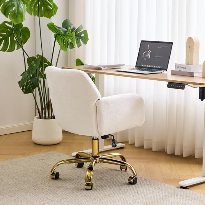 VINGLI Comfy Fuzzy Vanity Chair, Swivel Makeup Chair with Wheels, Upholstered Height Adjustable Armchair with Gold Base, Modern Ergonomic Desk Chair for Bedroom, Home Office, Pure White